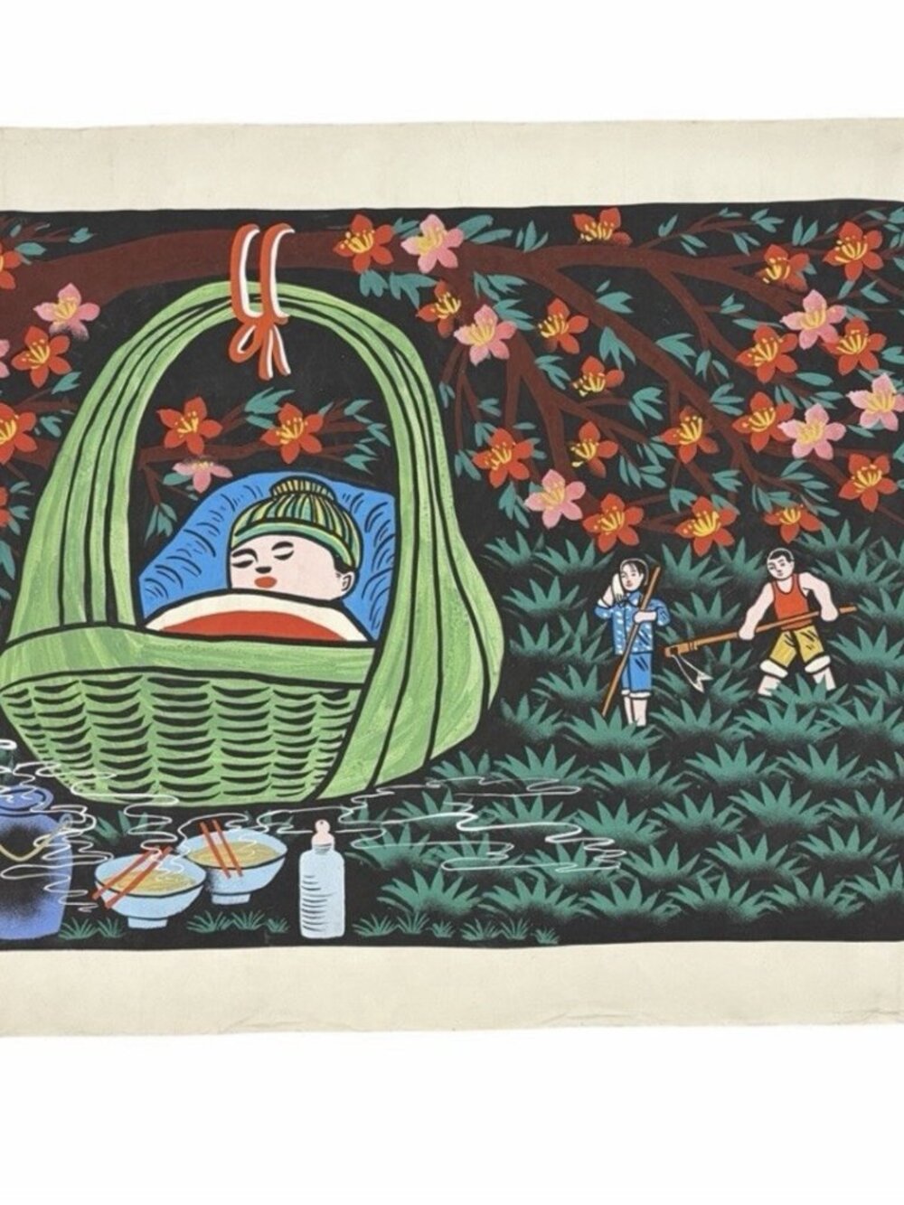 Chinese Huxian Peasant Painting Folk Art Signed Baby Basket Farm 28 x 21.5” VTG